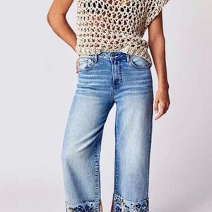 Women's Light Blue Floral-Hem Wide Leg Jeans